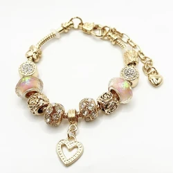 Luxurious Fashion Gold Color Alloy Beaded Rhinestone Heart Pendant Chain Bracelet For Women Couple Daily Wear Jewelry Gift