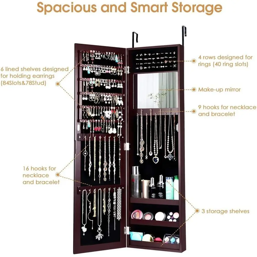 Brown Wall-Mounted Jewelry Armoire with Full-Length and Inside Makeup Mirrors, Large Storage for Women and Girls
