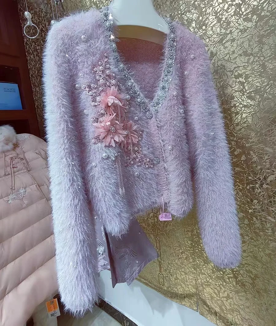 Luxury Style Blingbling Pearls Beaded Diamonds Flowers Faux Fur Sweater Cardigan For Women Autumn Warm Knitwear PInk Pullovers