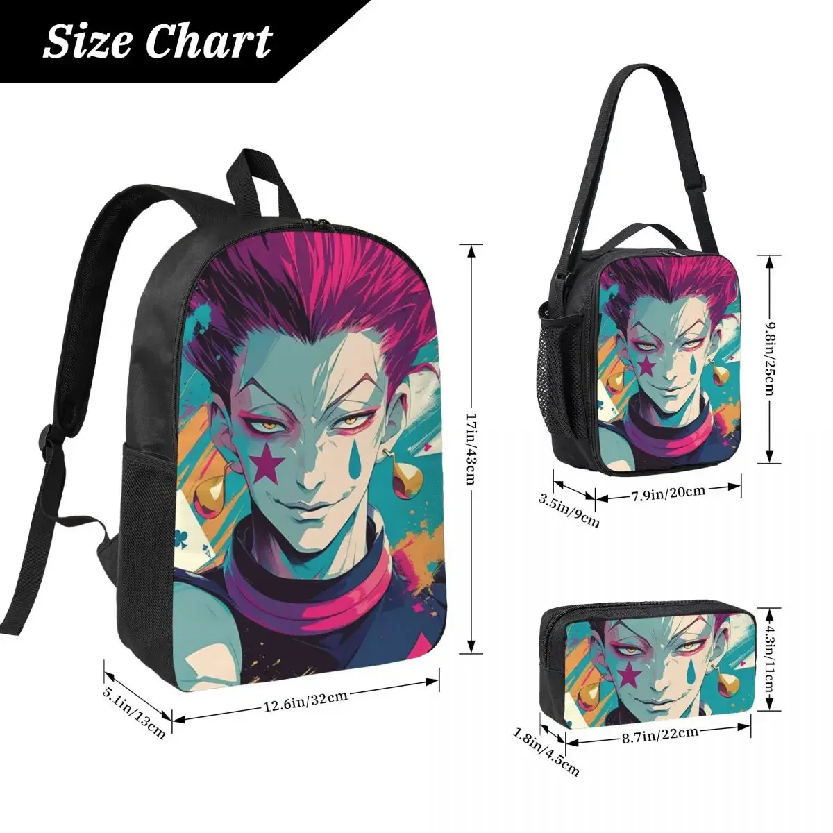 Anime Hisoka Hunter X Hunter Magical Joker Backpack BookBag School Bag Laptop Shoulder Bags 3ps Insulated Lunch Bag Pencil Case