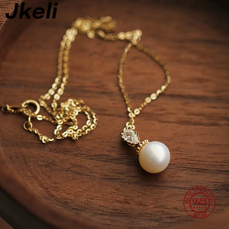 Jkeli S925 Sterling Silver 14K Gold Plated Pearl Shell Bead Necklace for Women Gift Lockbone Chain Pendant Jewelry