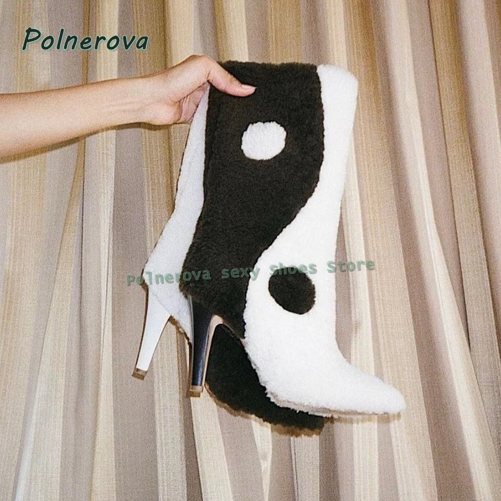 Faux Fur Mixed Colors Fashion Boots Pointed Toe Stiletto Taiji Pattern Patchwork Women Knee High Boots 2026 Street Style Newest