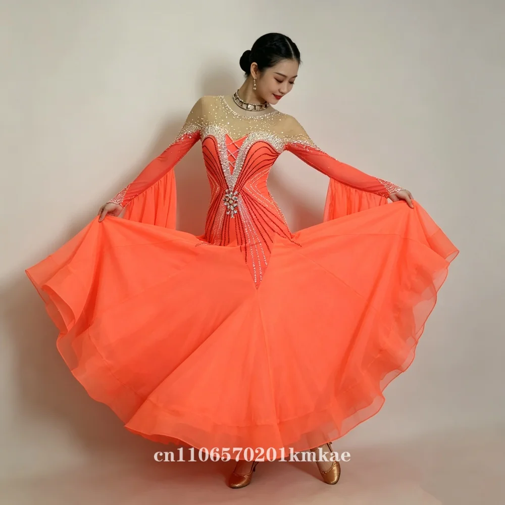 Elegant Orange Ballroom Dance Dress for Women Off Shoulder Rhinestone Bodice Long Flowy Sleeves for Competition