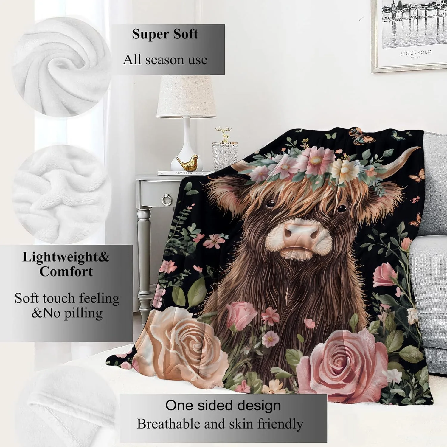 1PC Lovely Highland cow Throw Thin Blanket Gifts for friend Couch Bed Car Home Camping For Flowers animals Lovers all season use