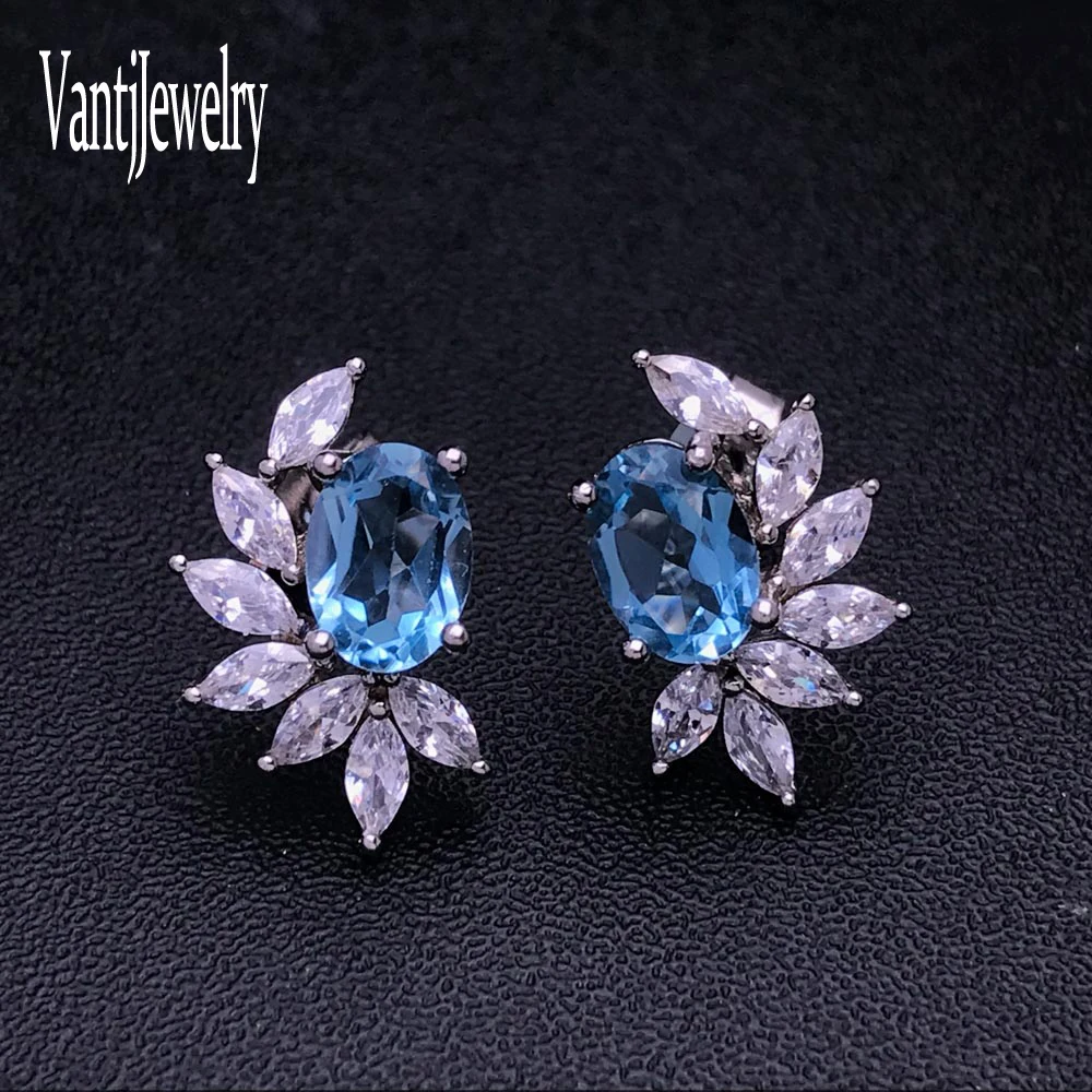 Trendy Natural Swiss Blue Topaz Stud Earring Sterling 925 Silver Gemstone 5*7mm for Women Party Birthday Jewelry Gift