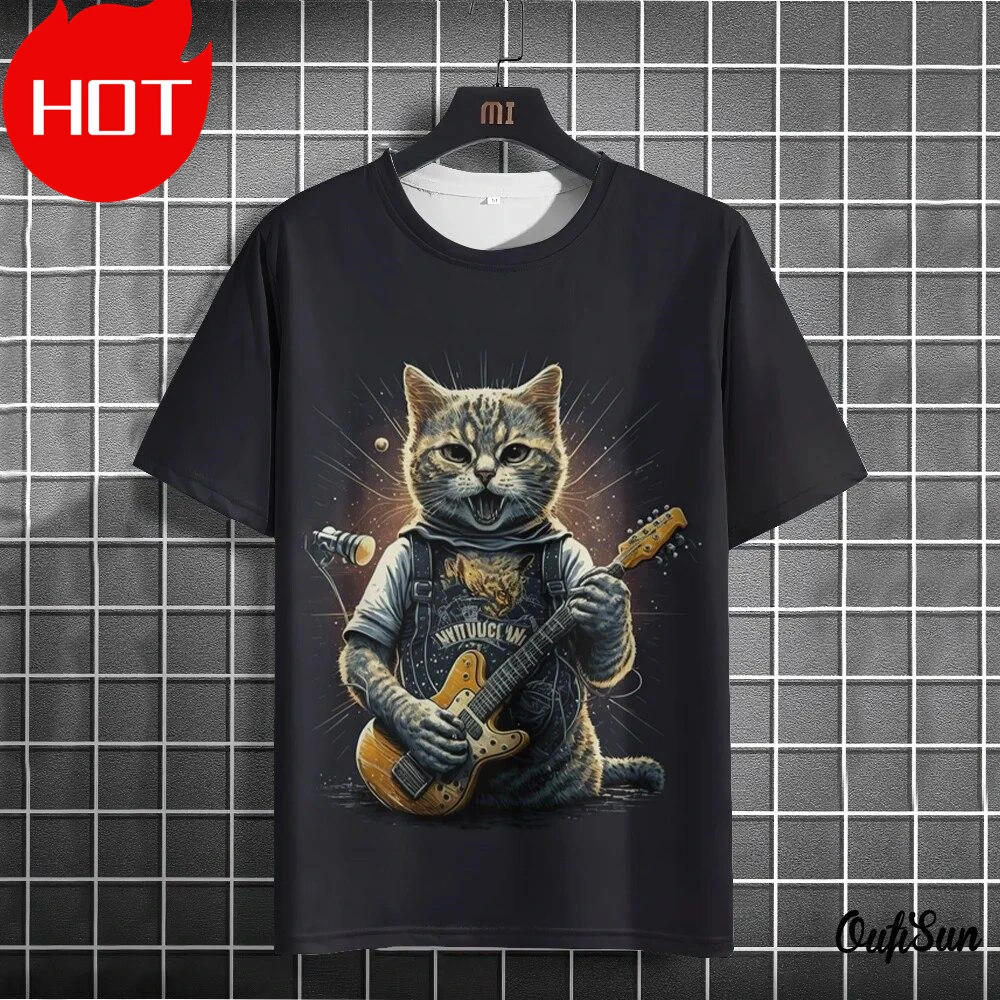 Camiseta con estampado de gato rockero para hombre y mujer, camisetas gráficas divertidas de manga corta con estética de música Punk Harajuku, ropa Unisex