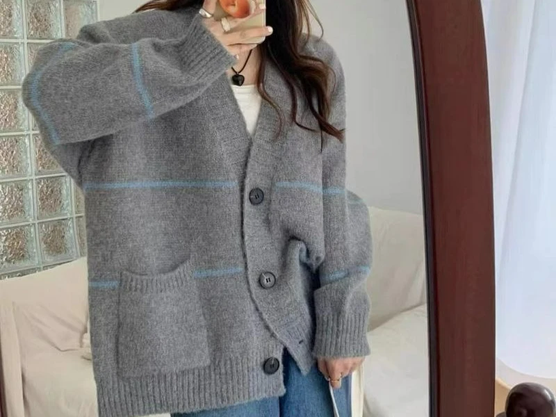 2025 레트로 패션 스트라이프 니트 가디건 스웨터 재킷 여성용 루즈핏 슬림핏 탑