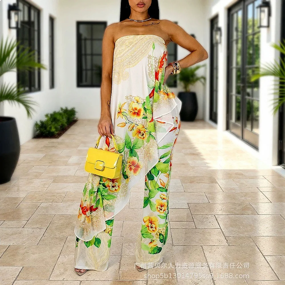 Tropical Print Off Shoulder Jumpsuit Women Summer Overall Romper Playsuit Matching Set
