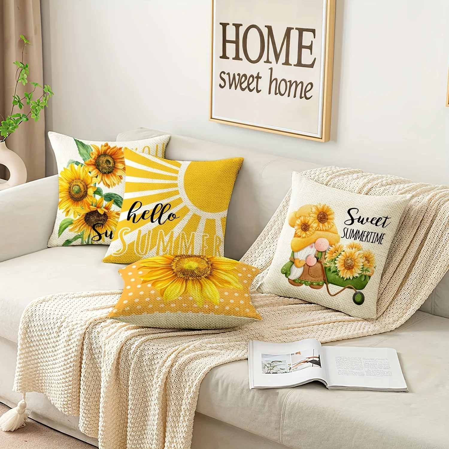 Summer Pillow Covers,Sunflower Gnomes Farmhouse Decorative Throw Covers,Cushion Pillow Casefor Sofa Without Insert