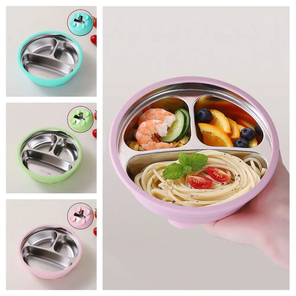 

Silicone Suction Cup Baby Sucker Dining Plate Thermal Insulation 304 Stainless Steel 3 Grids Children Dishes Non-Slip Anti-fall
