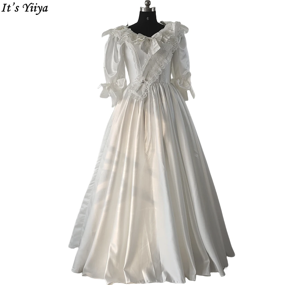 

It's Yiiya Evening Dress White Satin Half Sleeves O-Neck Lace Up Backless Floor Length Plus Size Women party Dresses B2582