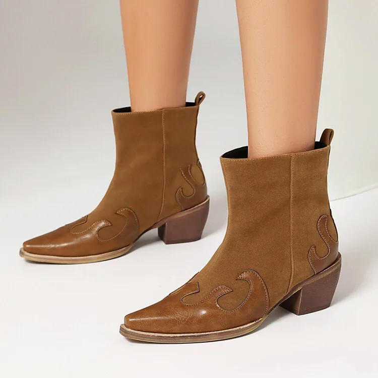 

Pointed Toe Womne Short Boots Chunky Heels Cowboy Boots Slip On Shoes