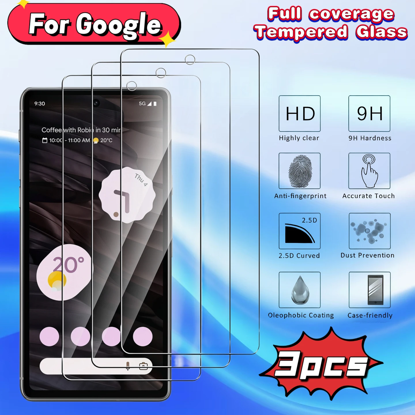 Lot de 3 conçus spécifiquement pour Google Pixel 10A/10PRO/10/9PRO/9/9A/8PRO/8A/8/7PRO/7A/7/6PRO/6/6A Convient aux designs incurvés en 3D