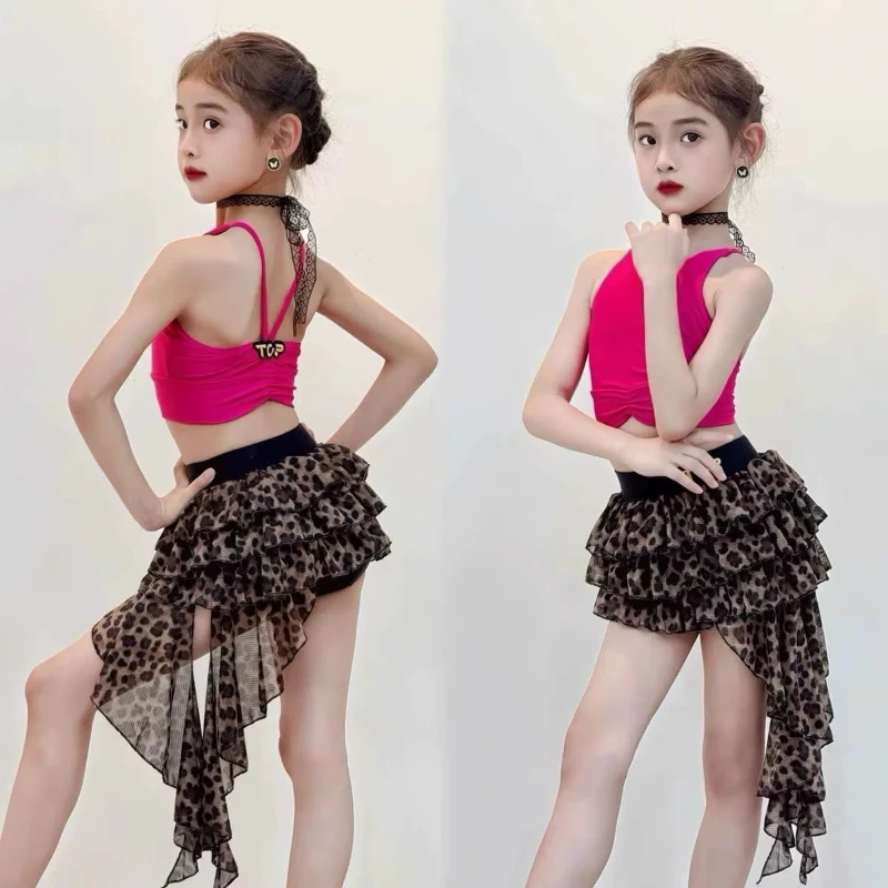 

Юбка-торт с леопардовым принтом для детских латинских танцев, тренировочная одежда, удобный и дышащий жилет, тренировочная одежда