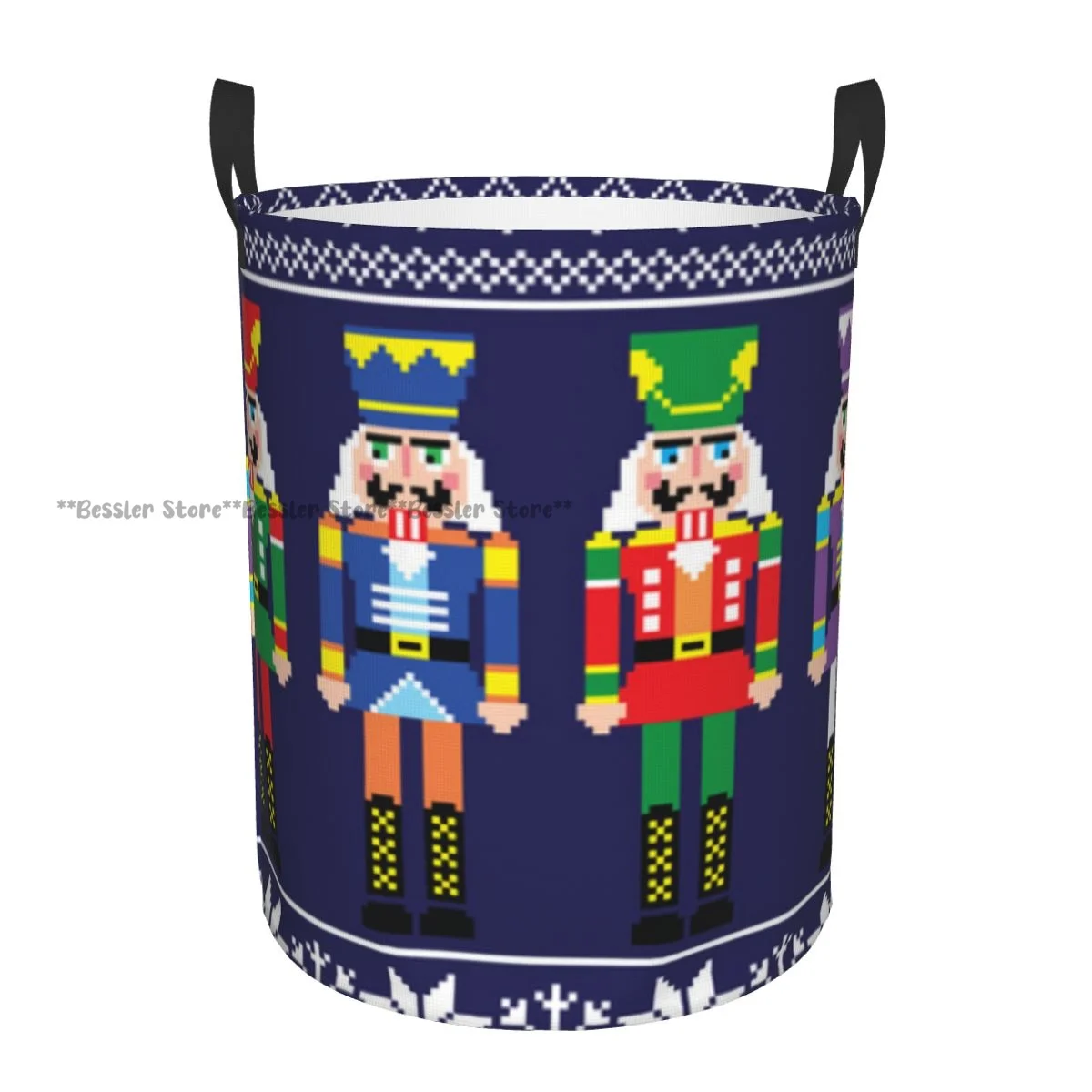 Laundry Basket Colorful Nutcracker Retro Xmas Scandinavian Motifs Round Storage Bin Collapsible Hamper Clothes Bucket Organizer