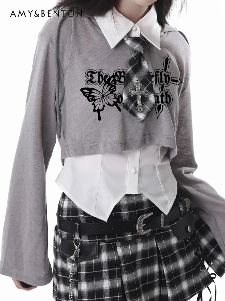 الأمريكية الرجعية Y2K الصيف تنورة مجموعات النساء الحلو كول مقنعين قصيرة طويلة الأكمام سترة قميص صغير منقوشة تنورة ثلاث قطع مجموعة