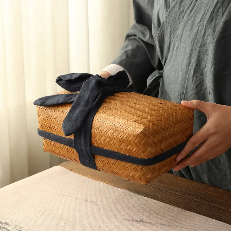 Handmade Bamboo Braided Tea Set Storage Box Retro Desktop Organizer for Home Tea Room Creative Gift Packaging Finishing Case