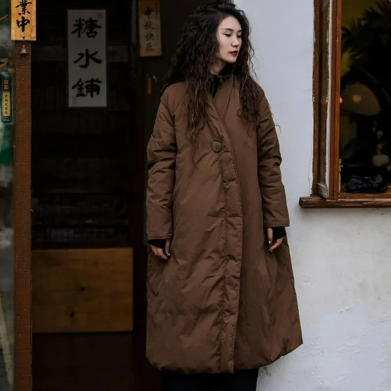 2026 Neuer mittellanger, warmer, lässiger Wintermantel mit lockerem, elegantem, knielangem Design im chinesischen Stil aus Daunenbaumwolle für Damen