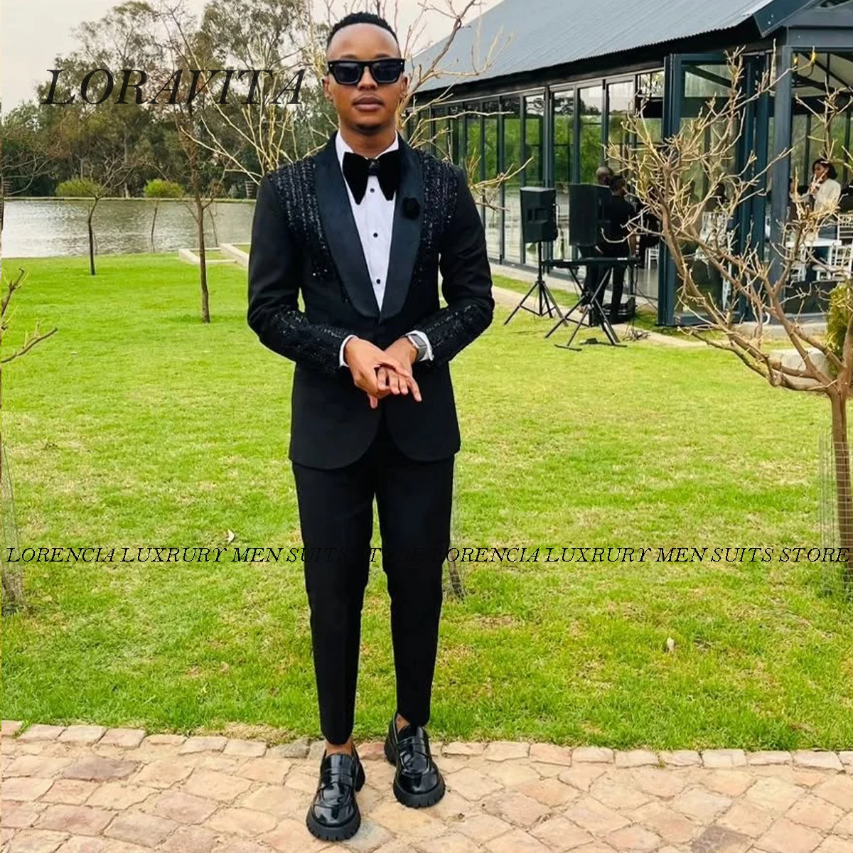 

Luxury Appliques Beaded Men Suits Shawl Lapel Male Prom Blazer 3 Piece Sets Groom Wedding Tuxedo Slim Fit Customized Ropa hombre