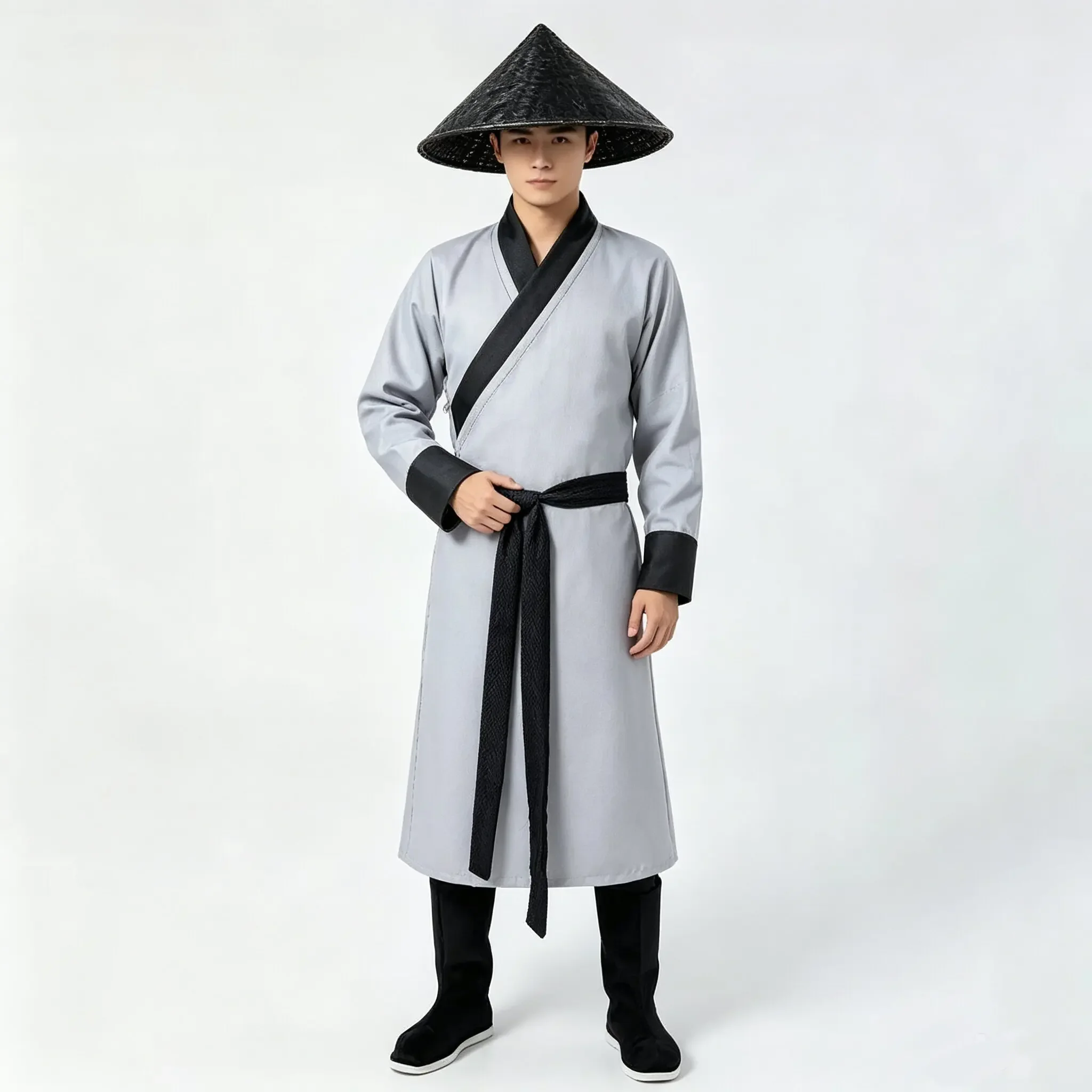 Men Black Ancient Warrior Robe White Cross Collar Belted Long Coat Oriental Knight Costume with Tassel for Cosplay Party
