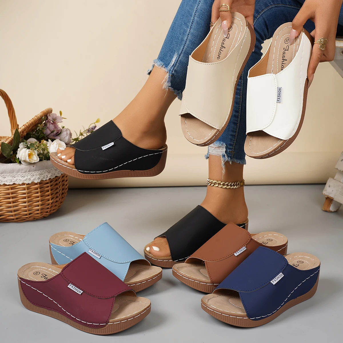 

Женские тапочки «рыбий рот» больших размеров на толстой подошве, лето 2023, однотонные классические пляжные нескользящие повседневные тапочки с открытым носком