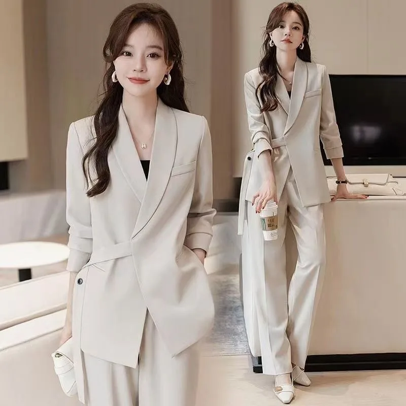 

2026 New Women Pant Suits Spring Autumn Coat Wide-Leg Pants Two-Piece Suit Set Jackets Notched Collar Female Casual Blazer