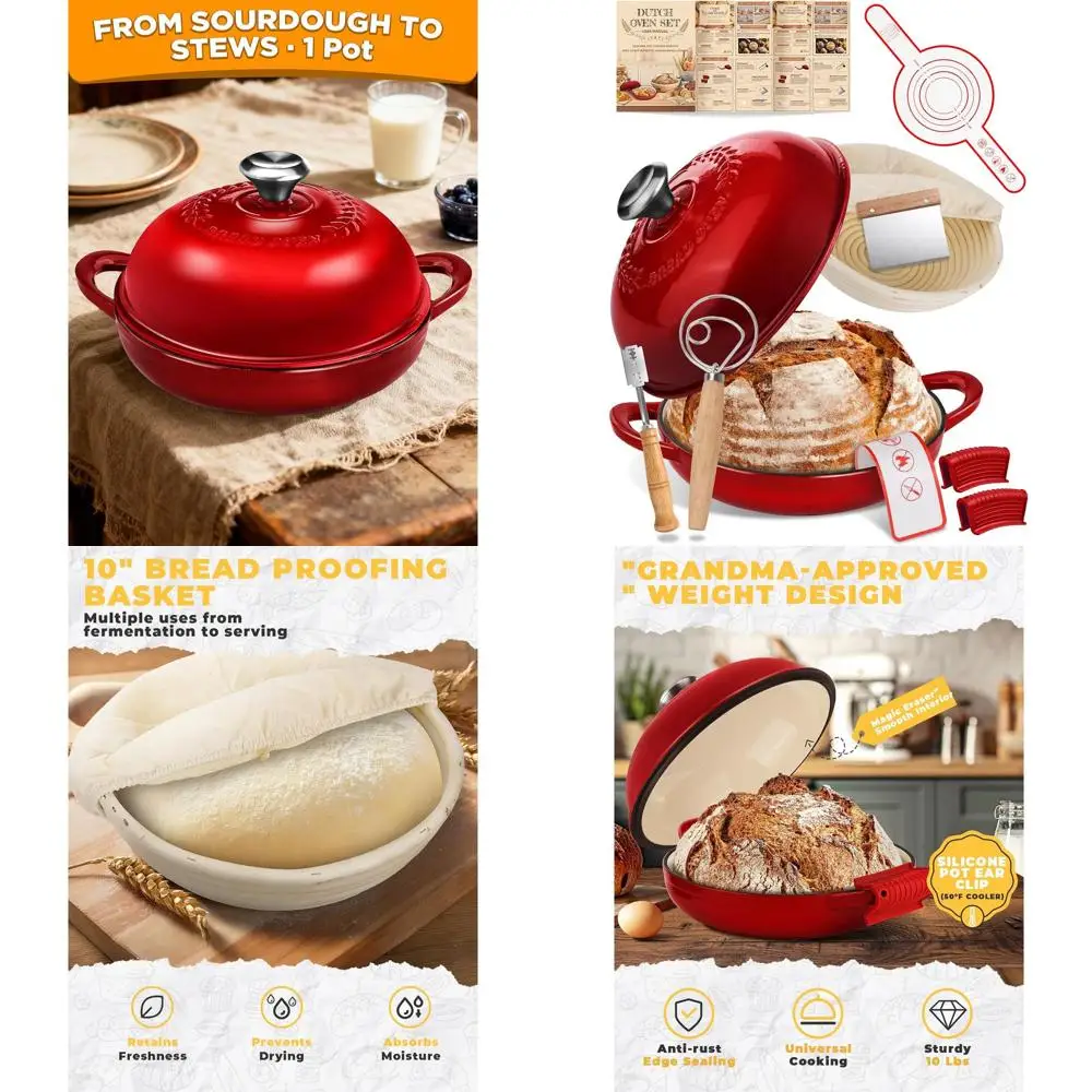 

6-Quart Red Enameled Cast Iron Dutch Oven with Lid and Sourdough Starter Kit for Homemade Artisan Bread