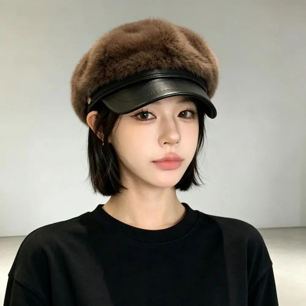 Soft Touch Faux Mink Fur Newsboy Cap Adjustable PU Brim Winter Hat Octagonal Shape Beret Cap Party Look