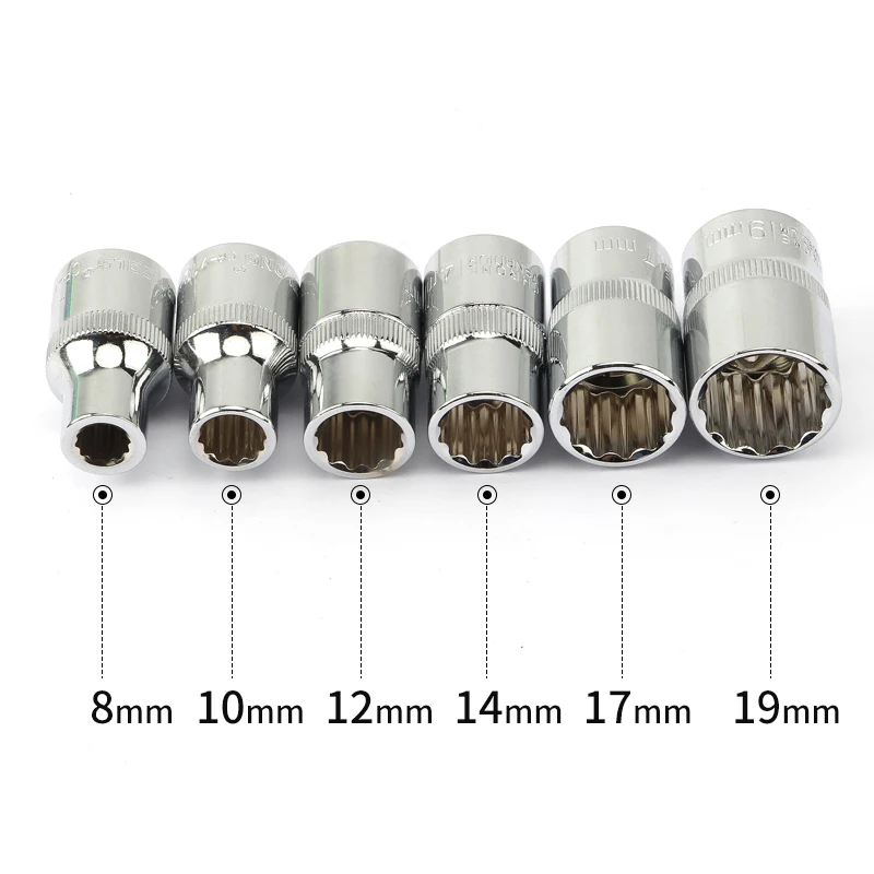 6Pcs 12 Point 1/2 Inch Drive Sockets Set Metric Mirror Socket for Wrench Cr-V Steel 8 10 12 14 17 19mm