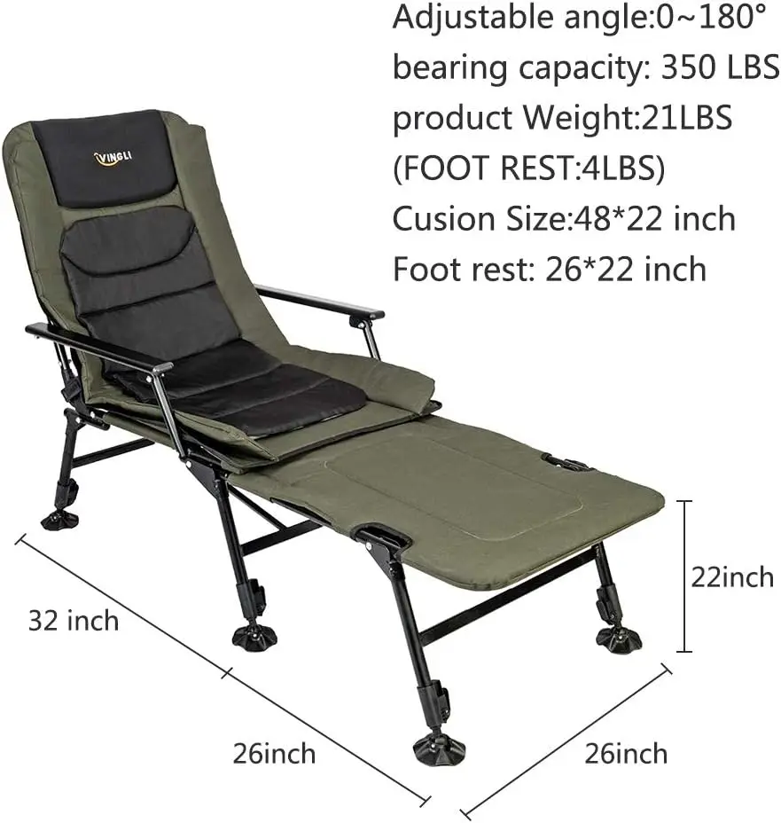 Duty Fishing Chair with Footrest Support 440 LBS, Oversized Camping Chairs with 160° Adjustable High Back, Beach Chair for Outdo