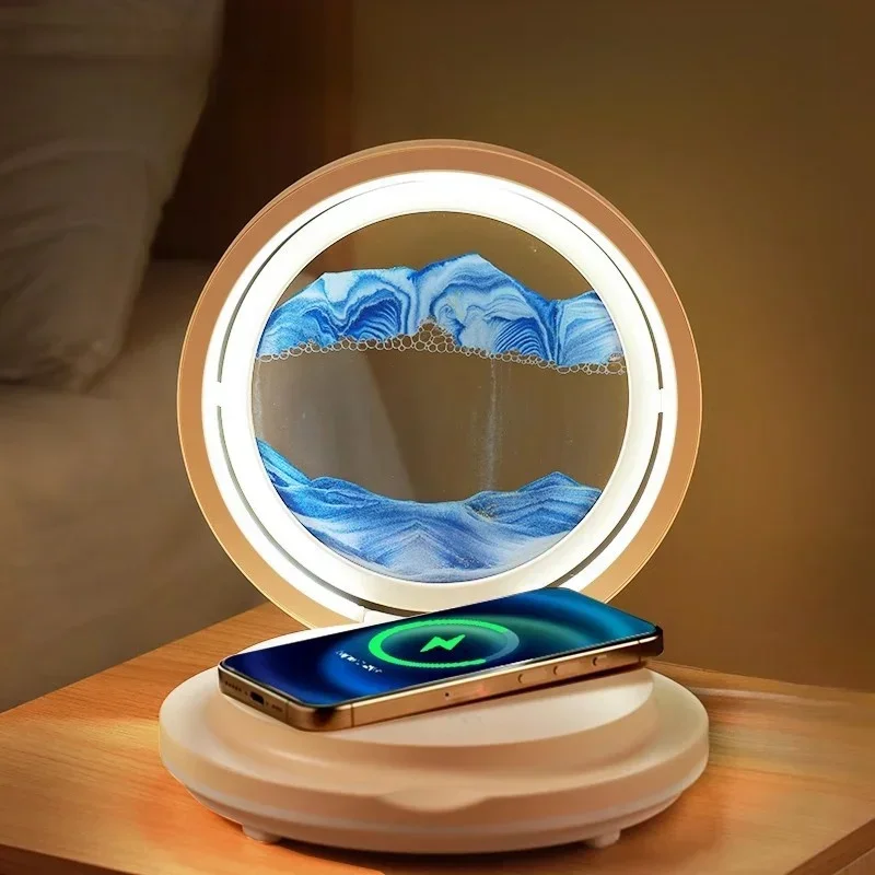 3 in 1 Folding Quicksand Painting Lamp Wireless Charger BT Speaker Hourglass Art Bedside Night Light with Charger Stand