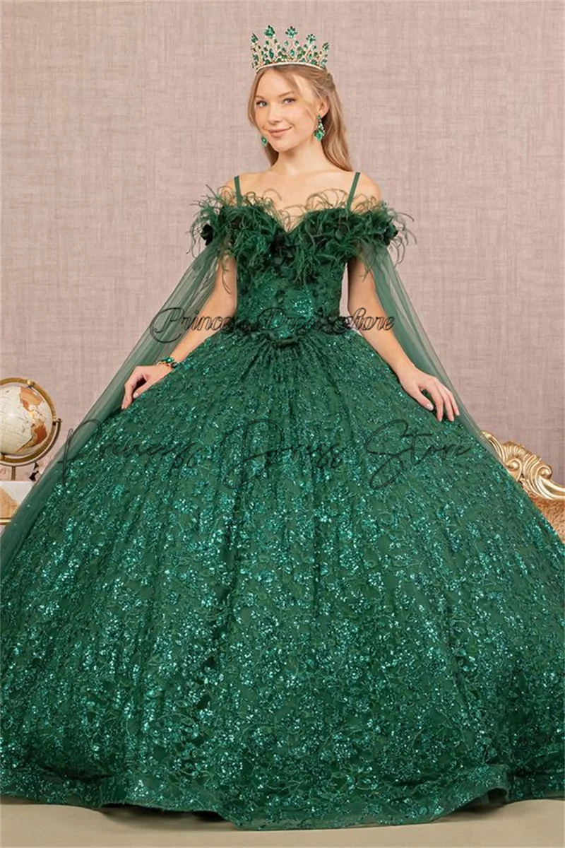 Mexican Dark Green Sequins Quinnceanera Dress Ball Gown Applique Feather Corset Sweet 16 Vestidos De 15 Anos