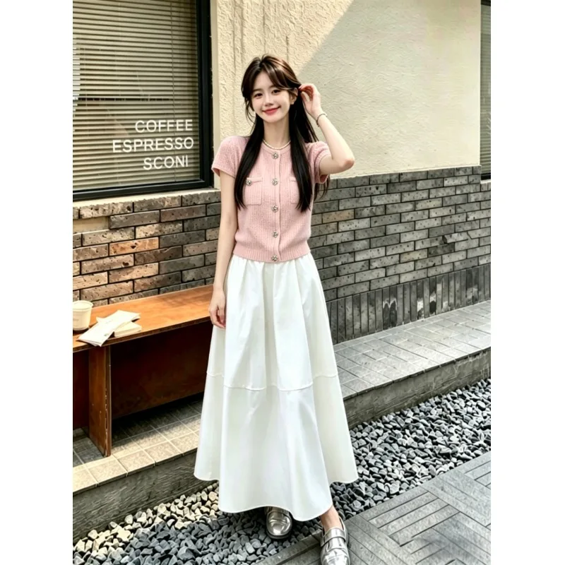 

Chic Short round Neck Double Pocket Loose Design Thin Elegant Jacket Women High Waist Skirt Fashionable Two-Piece Set