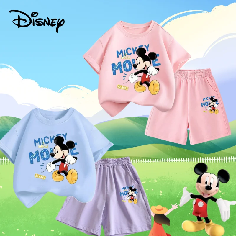 

Мультфильм Disney Series Kawaii Mickey Girls, летние новые милые трендовые мягкие и дышащие повседневные шорты, футболка, топ, комплект из двух предметов