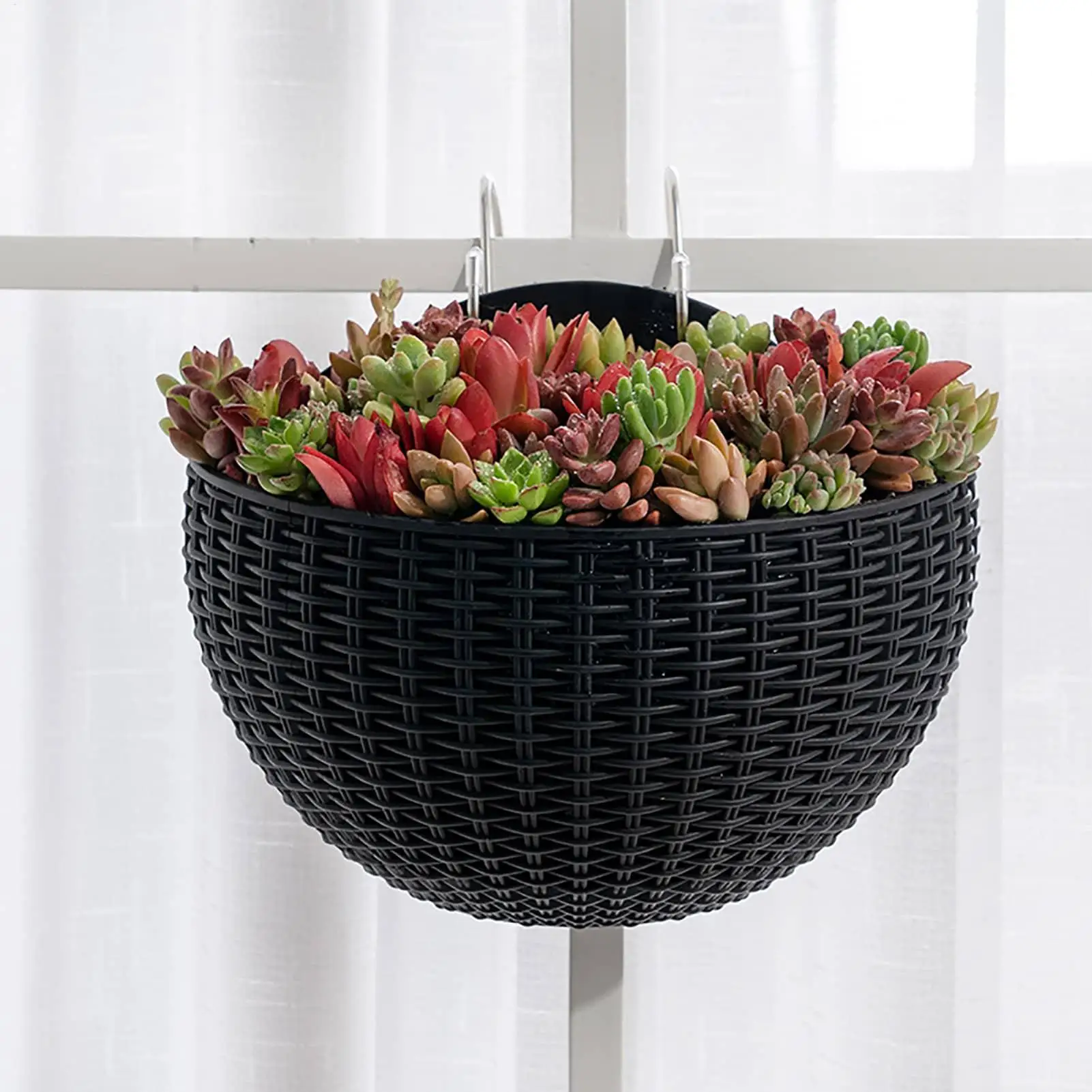 Semicircle Imitation Rattan Wall Hanging Flower Pot European Wall Planter for Balcony Garden Fence Indoor Outdoor Home Decor