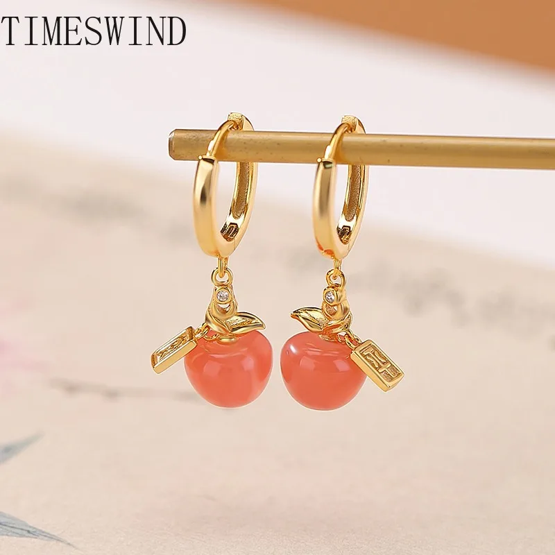 

TIMESWIND Original Natural Agate Red Apple Pendant S925 Bless Peace Women Fashion Jewelry Earrings with Certificate