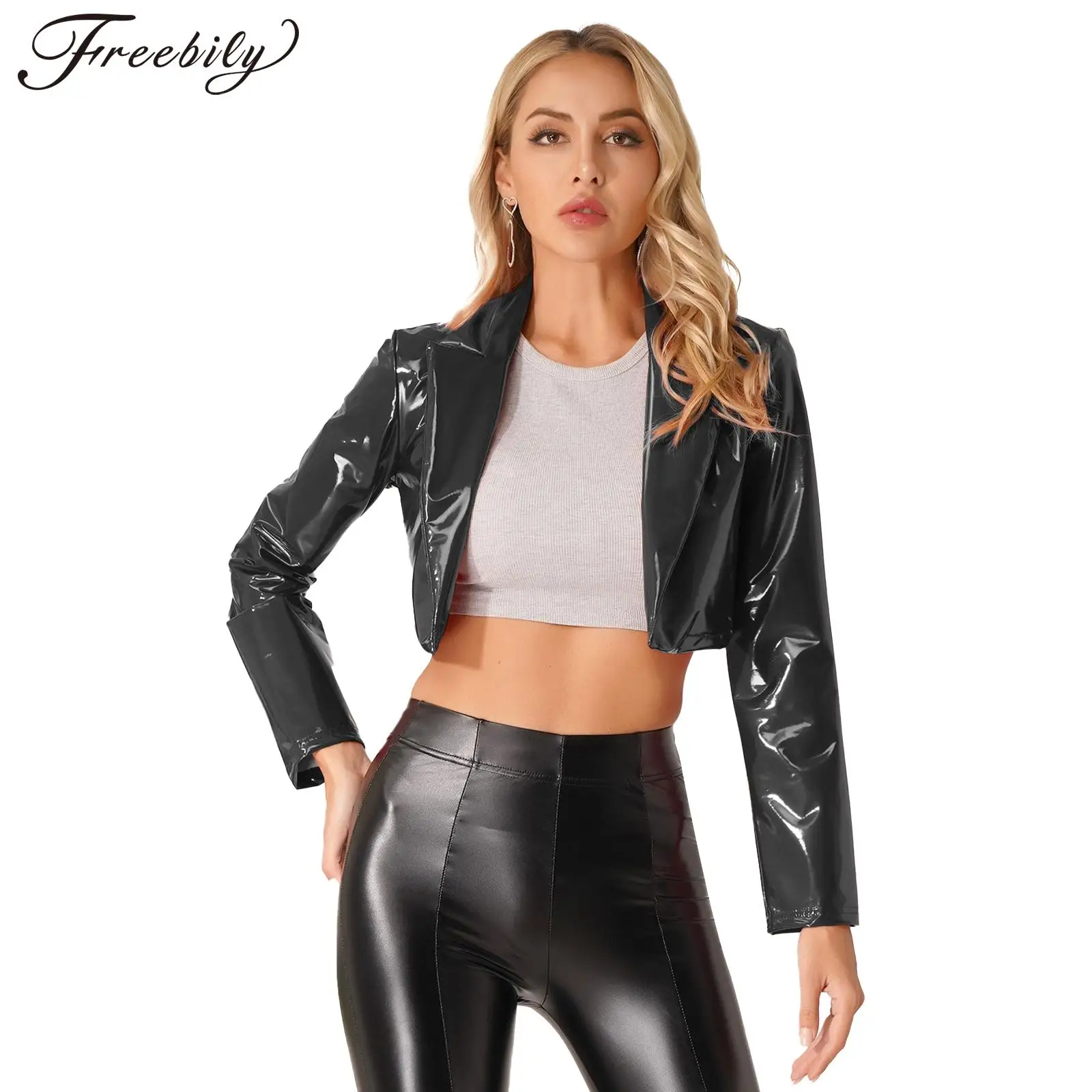 Women Fashion Wet Look Patent Leather Jacket Long Sleeve Lapel Crop Top Coat for Nightclub Raves Party Music Festival Clubwear