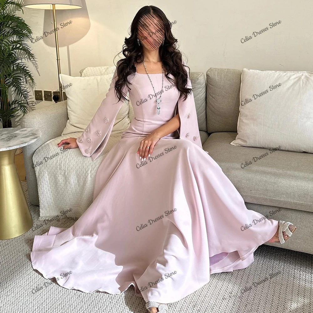 Customized Pink Elegant Crystal Flare Sleeves Evening Dress A-Line Jersey Square Neck Long Sleeves Ankle Length Party Gowns 2024