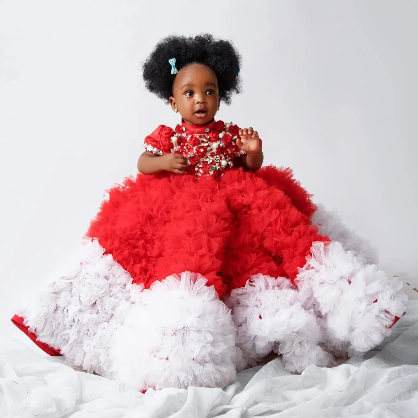 Luxury Red Flower Girl Dresses For Wedding Customized High Neck Toddler Girls Pageant Dress Kids Formal Birthday Party Gown