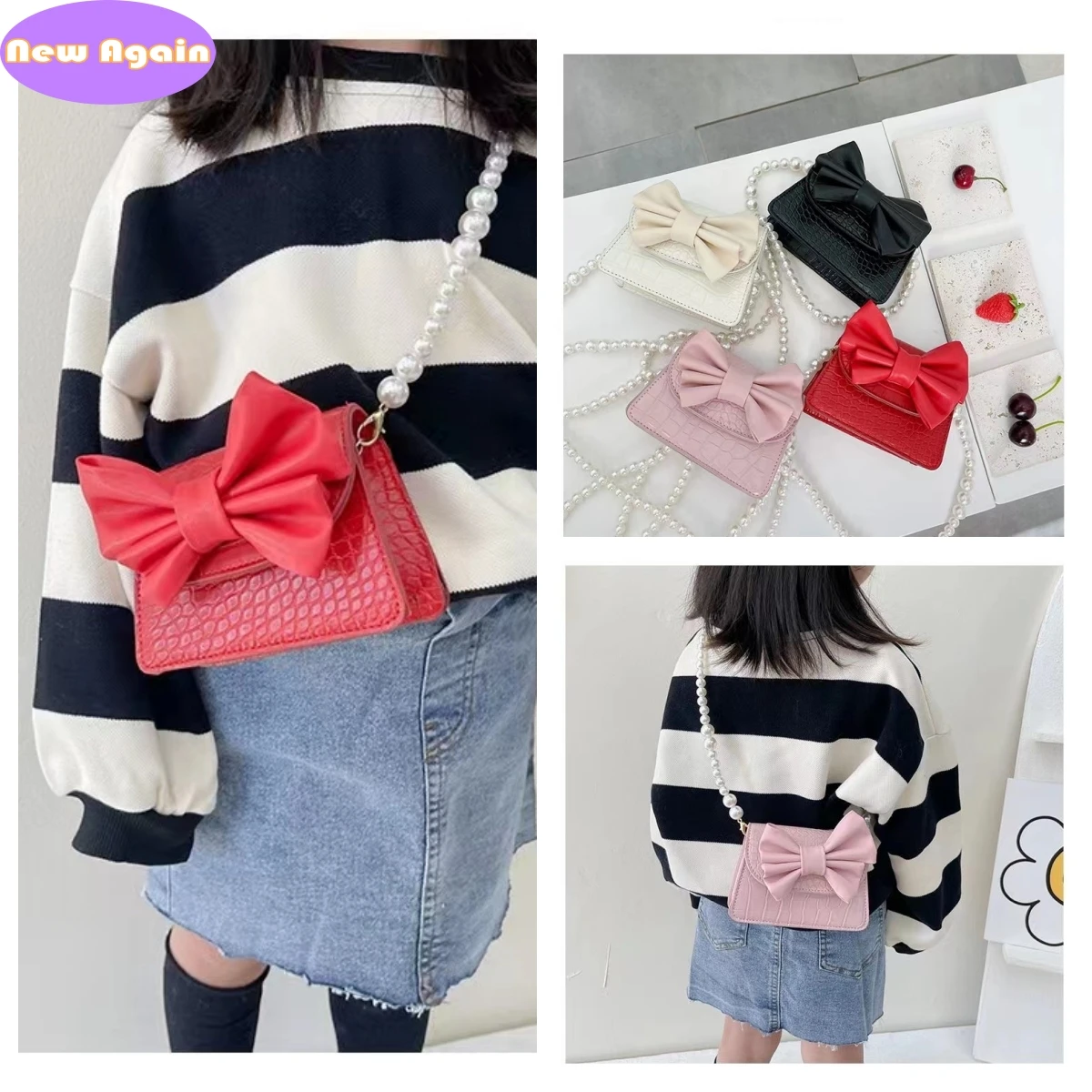 girls pearl chain shoulder bags Childrens cute bowknot messenger bag Baby kid designer money Bags liltte child coin purse NA012