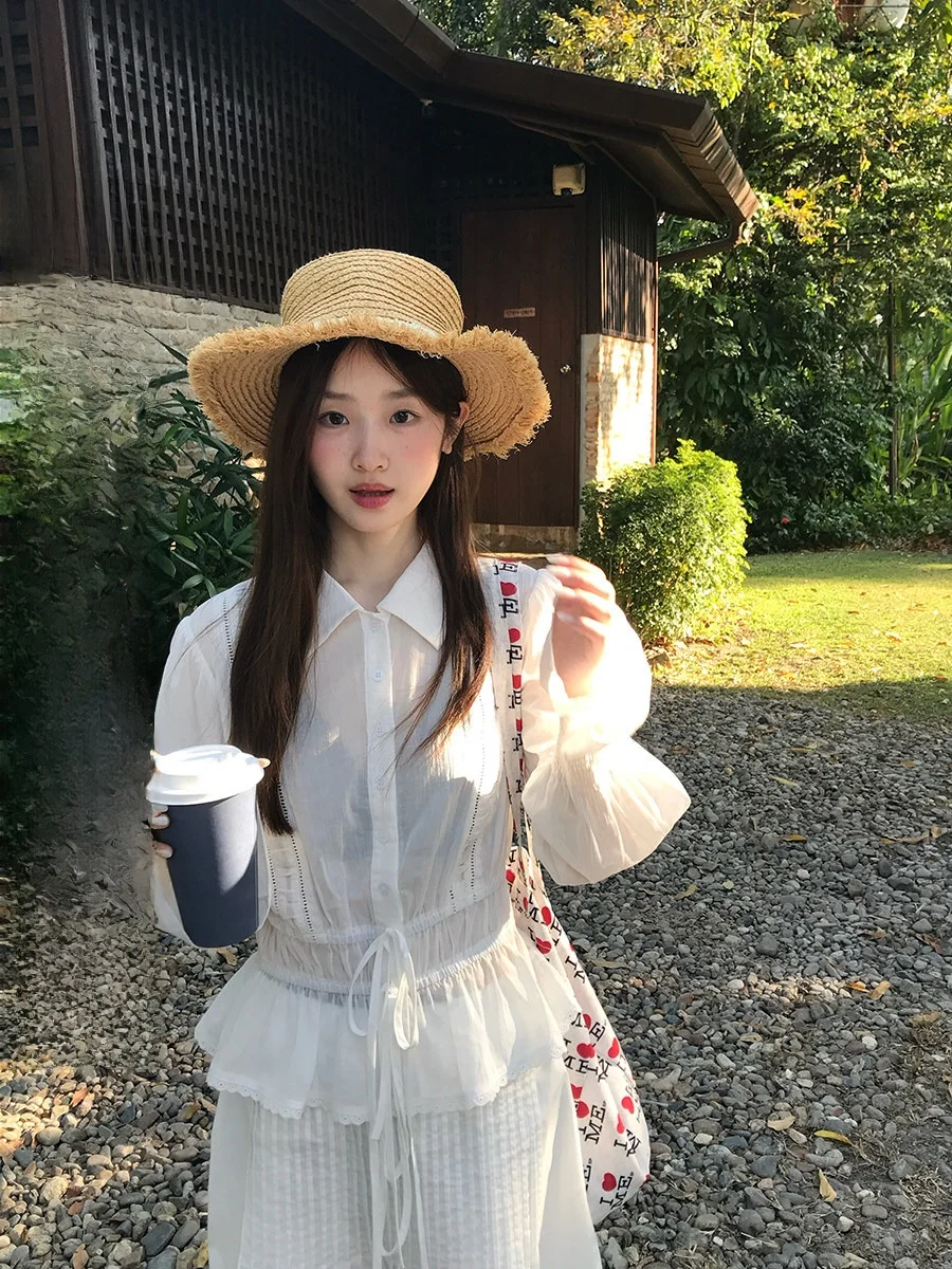 

Thin Collar Long Sve irt Waist Cinched Belted Floral Print Women's Spring Cotton Polyester Straight Cut irt