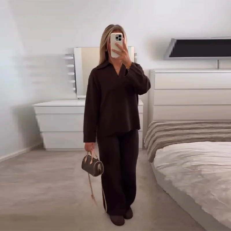 عارضة بسيطة فضفاضة سترة السراويل مجموعة بلون الرجعية تنوعا مريحة الشارع الشهير أعلى السراويل التنقل الزي النسائي