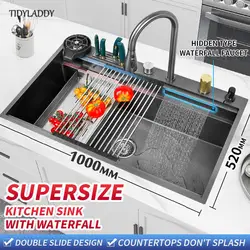 Waterfall Kitchen Sink Nanometer 304 Stainless Steel Large Single Slot Kitchen Accessories Waterfall Faucet Vegetable Basin