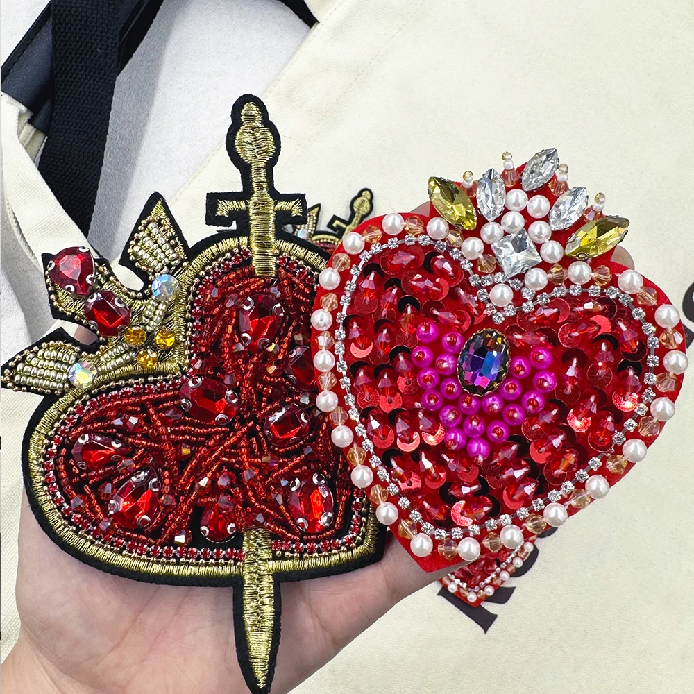 Rhinestone Beaded Heart Shaped Patch for Clothing Sewing on Beading Applique dress Shirt Shoes Bags DIY Decoration Patches Craft