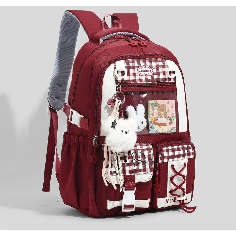 Black & White Plaid Ita Backpack, Clear Window School Bag with Lace-Up & Star Detail, Casual Student Daypack for Pin Display