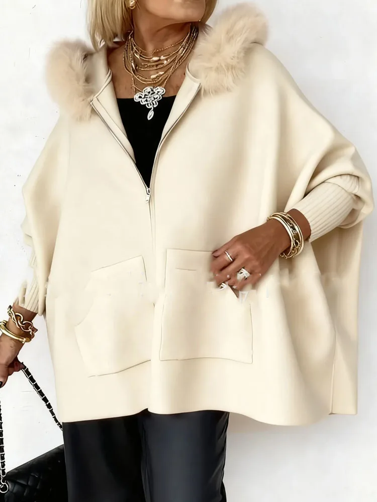 가을 겨울 신상 여성 시크 출퇴근 아우터 패션 퍼 후드 롱 슬리브 가디건 우아한 여성 단색 루즈 코트