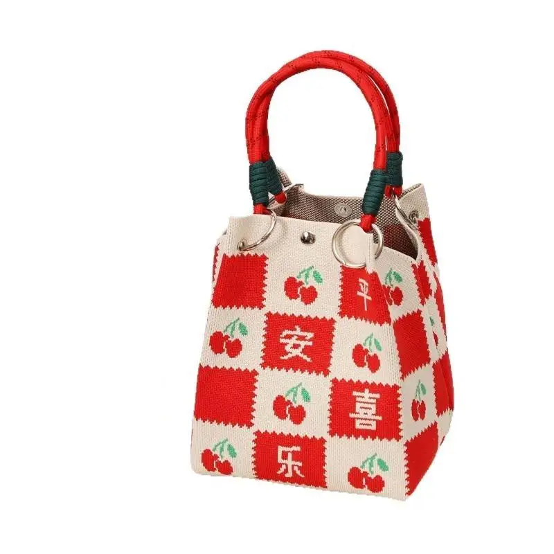 Mini Knitted Bucket Bag Women Small Handbag Geometric Colorblock Wristlet Purse With Detachable Handle 1PC