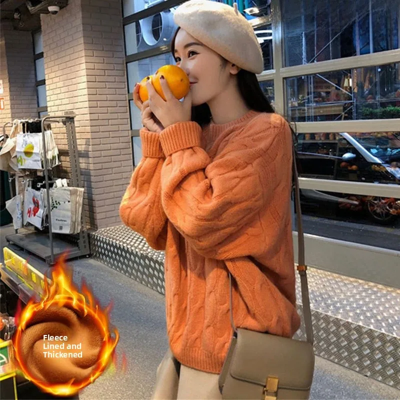 

Ladies' Lazy Style Overhead Sweater Loose round Neck Knitted Shirt Autumn Winter New Arrival Korean Version Twist Base Layer