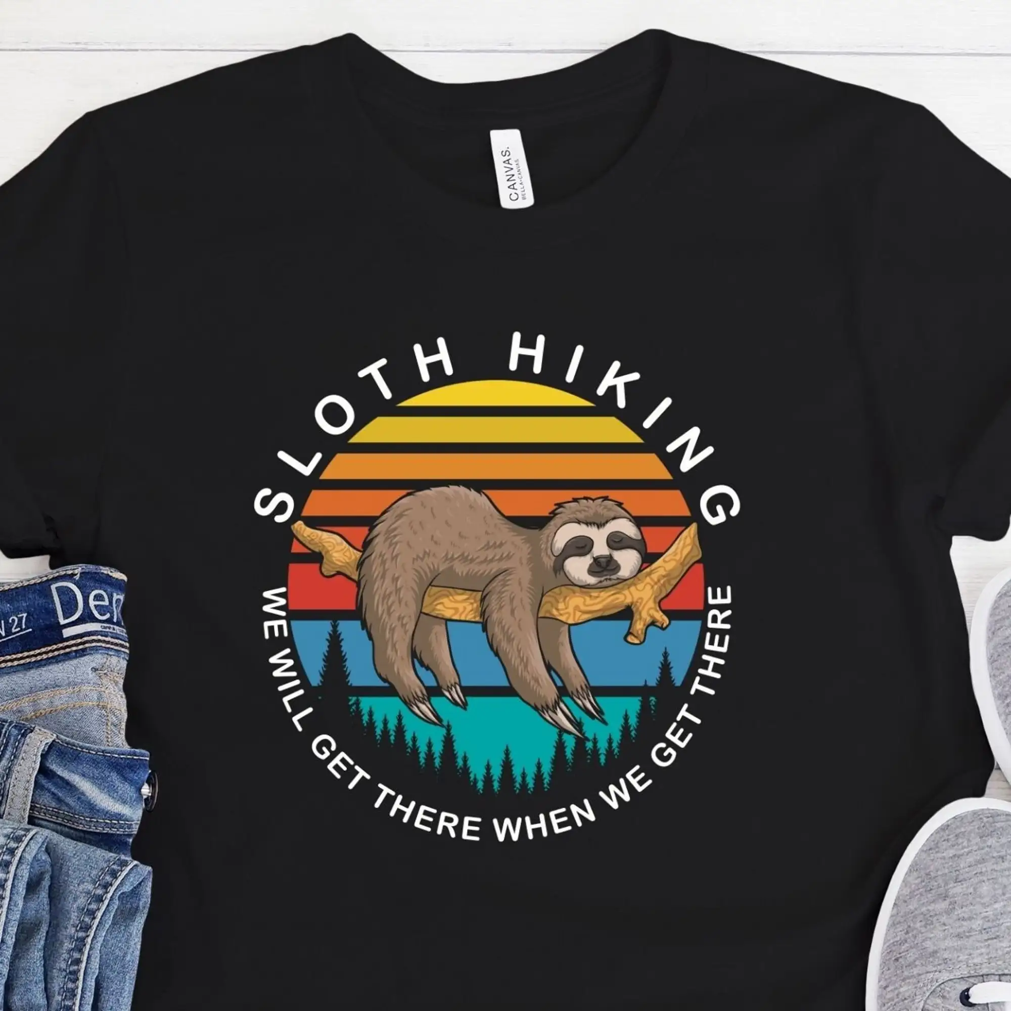 Sloth Hiking We Will Get There When Funny Lazy Crew Healthy Lifestyle Jogging Backpacker Fun T Shirt Sweat