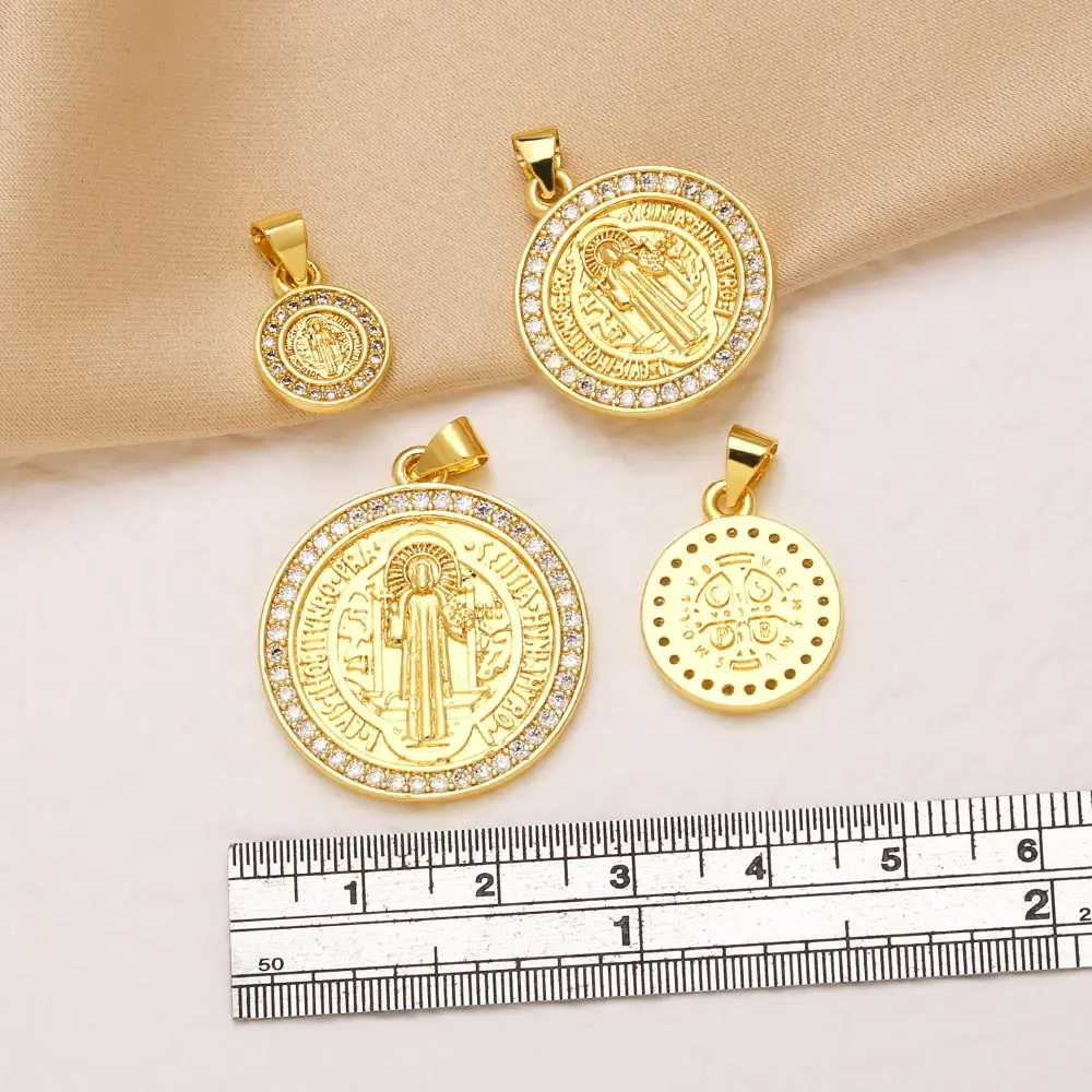 OCESRIO San Benito Pendant Copper Gold Plated Zircon Catholic Saint Benedict Medal for Necklace Jewelry Making Crafts pdtb989